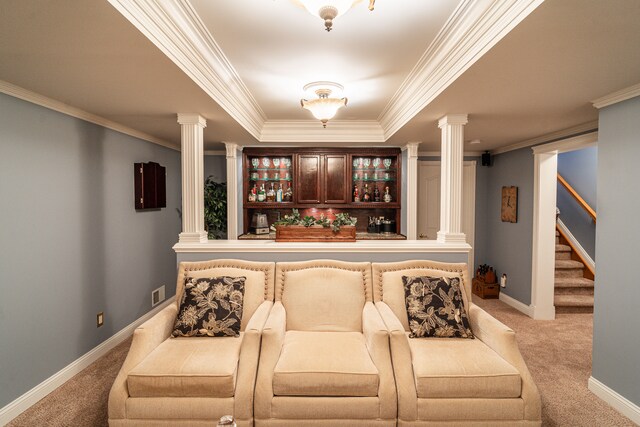 1612 Michael, Clawson, MI 48017 - bar featuring ornate columns, light colored carpet, ornamental molding, stairway, and baseboards