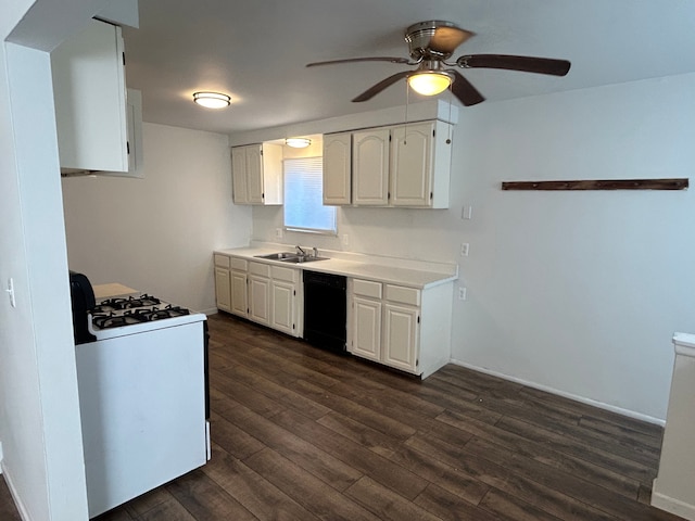 kitchen with range with gas stovetop, black dishwasher, a ceiling fan, dark wood finished floors, and light countertops