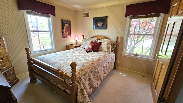 28051 Garfield St, Roseville, MI 48066 - bedroom with carpet, baseboards, multiple windows, wallpapered walls, and ornamental molding