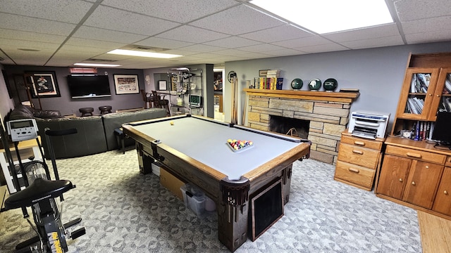 28051 Garfield St, Roseville, MI 48066 - recreation room featuring billiards table, a drop ceiling, and a stone fireplace
