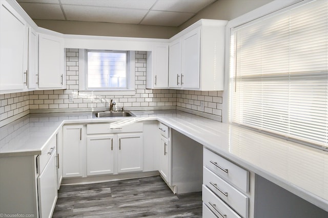 kitchen with a sink, white cabinets, backsplash, a paneled ceiling, and dark wood-type flooring