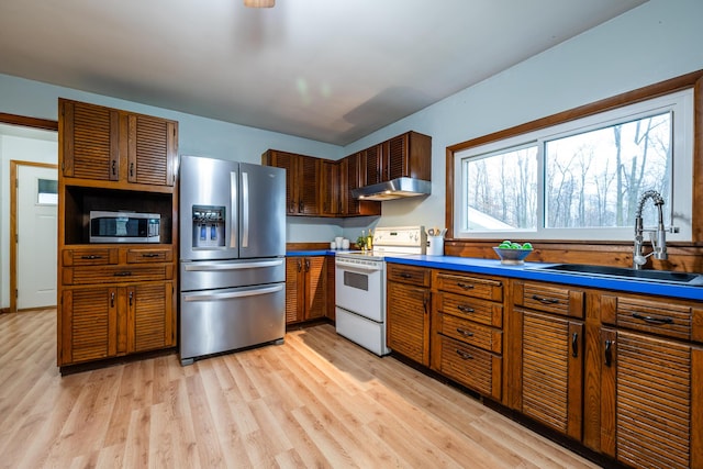 5189 W US Highway 12, Three Oaks, MI 49128 - kitchen with stainless steel appliances, a sink, under cabinet range hood, light wood-style flooring, and brown cabinets
