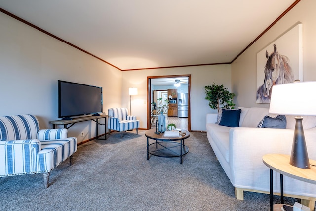 5189 W US Highway 12, Three Oaks, MI 49128 - living area featuring carpet flooring, crown molding, baseboards, and ceiling fan