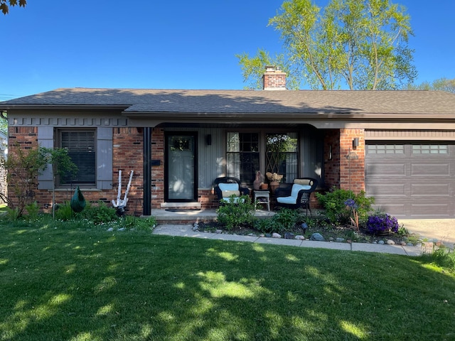 14074 Barbara St, Livonia, MI 48154 - ranch-style home with brick siding, a front lawn, an attached garage, a chimney, and roof with shingles