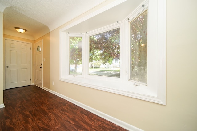 foyer entrance with baseboards, dark wood-type flooring, and a textured ceiling