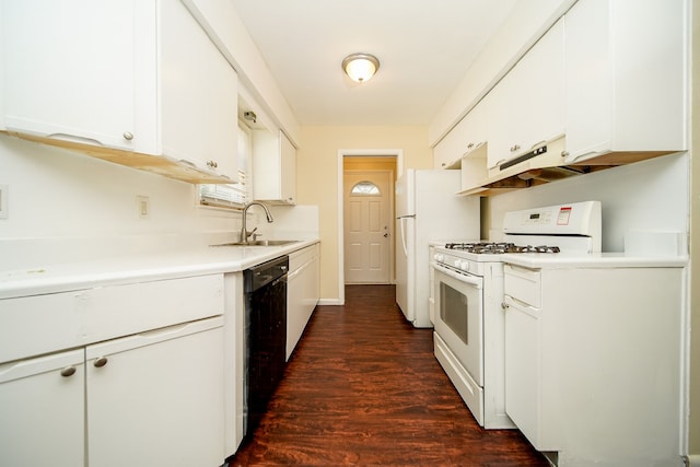 kitchen with white appliances, dark wood-style flooring, a sink, light countertops, and white cabinetry