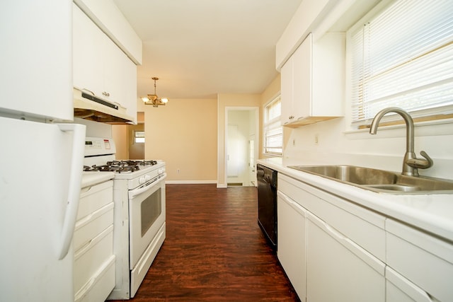 kitchen featuring white appliances, a sink, under cabinet range hood, dark wood-style flooring, and light countertops