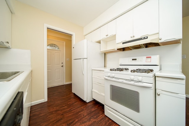 kitchen featuring white appliances, under cabinet range hood, dark wood-style flooring, light countertops, and white cabinets