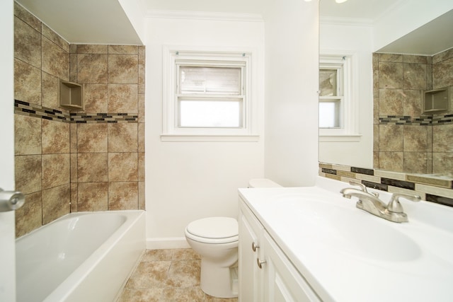 full bath featuring ornamental molding, vanity, toilet, shower / bath combination, and baseboards