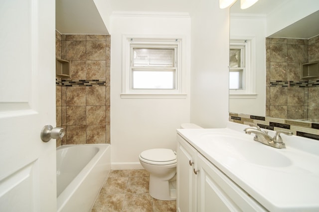 bathroom featuring ornamental molding, toilet, vanity, baseboards, and tile patterned floors