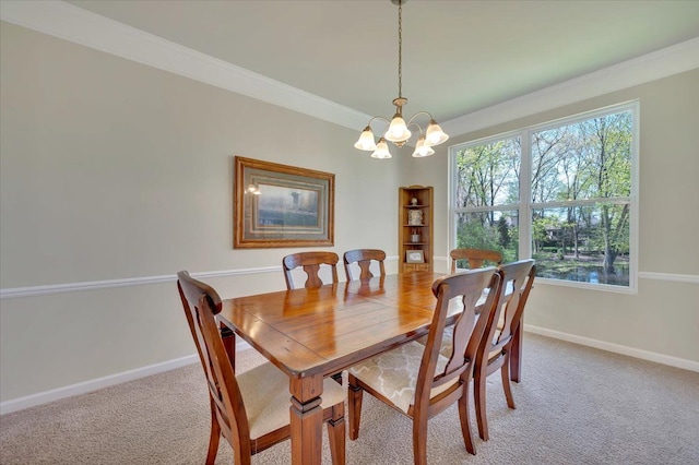 1060 Tinley Blvd, Oxford, MI 48371 - dining room featuring a chandelier, healthy amount of natural light, baseboards, light colored carpet, and crown molding