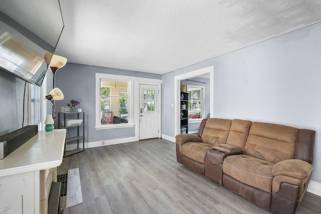 living room featuring wood finished floors, a textured ceiling, and baseboards