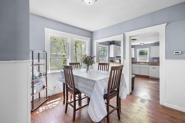 dining area with wainscoting and wood finished floors