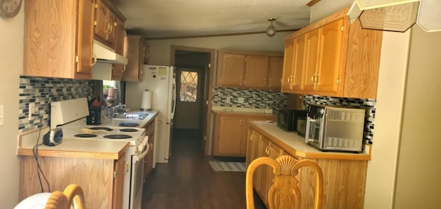 700 S Arent Rd, Watervliet, MI 49098 - kitchen with white electric stove, under cabinet range hood, light countertops, and decorative backsplash