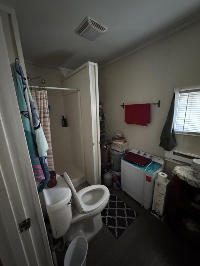 127 N Camburn St, Stanton, MI 48888 - full bath featuring a shower stall, toilet, crown molding, and wood finished floors