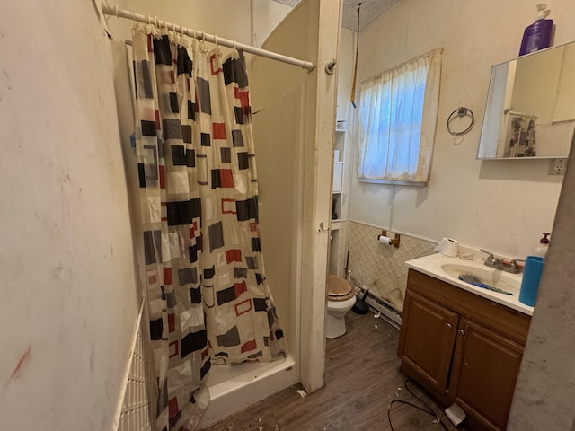 127 N Camburn St, Stanton, MI 48888 - full bath with toilet, wood finished floors, a stall shower, tile walls, and wainscoting