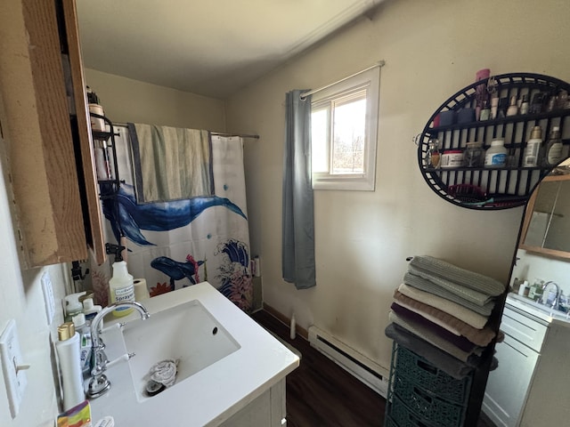 190 E Sidney Rd, Stanton, MI 48888 - bathroom with a baseboard radiator, vanity, wood finished floors, and a shower with shower curtain