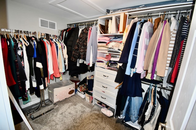 walk in closet with attic access and carpet