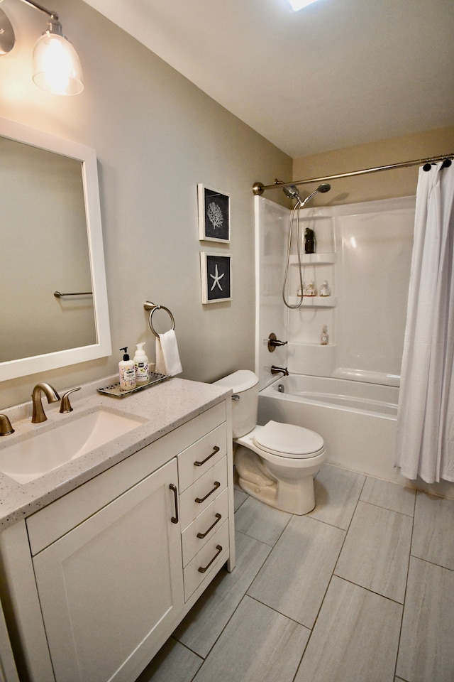 bathroom with toilet, vanity, shower / bath combo with shower curtain, and wood finished floors