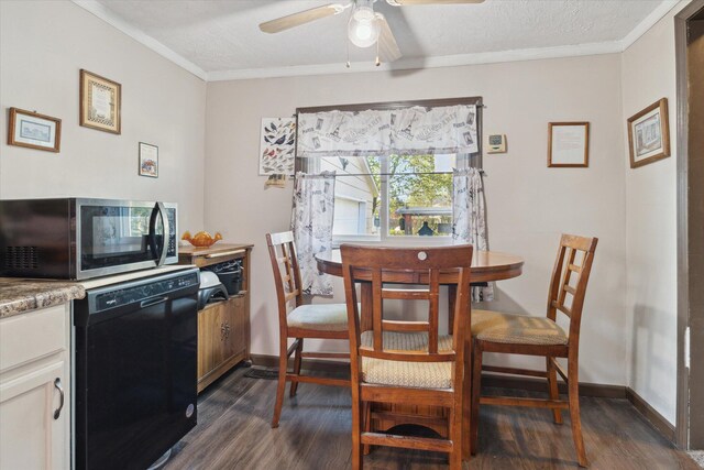 12948 Peck Ave, Sawyer, MI 49125 - dining area with dark wood-style flooring, ceiling fan, crown molding, and baseboards