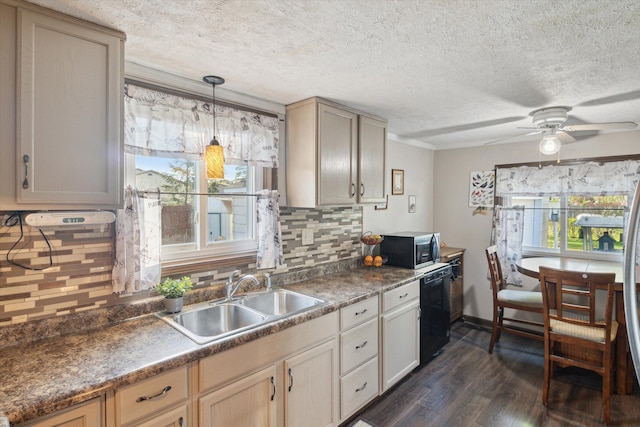 12948 Peck Ave, Sawyer, MI 49125 - kitchen featuring a sink, stainless steel microwave, dark wood finished floors, black dishwasher, and plenty of natural light