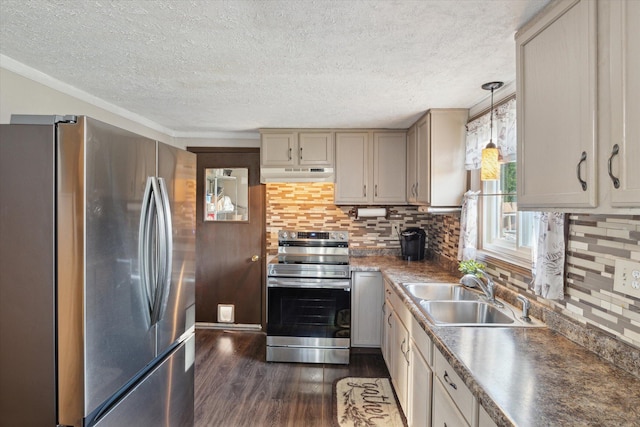 12948 Peck Ave, Sawyer, MI 49125 - kitchen featuring stainless steel appliances, under cabinet range hood, dark wood-style flooring, a textured ceiling, and a sink