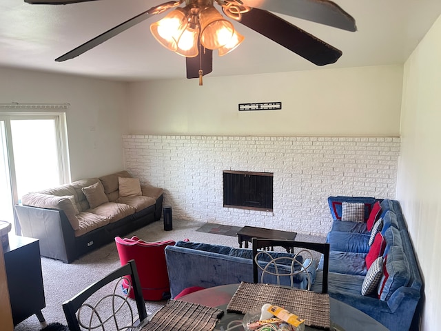 20225 Ledgestone St, Southfield, MI 48076 - carpeted living area with ceiling fan and a fireplace