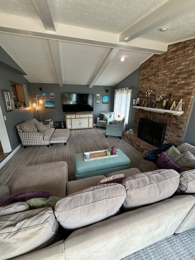 41315 Carriage Hill Dr, Novi, MI 48375 - carpeted living area featuring a brick fireplace, a textured ceiling, and baseboards