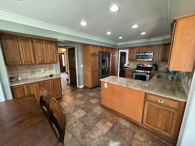 41315 Carriage Hill Dr, Novi, MI 48375 - kitchen featuring stainless steel appliances, baseboards, backsplash, brown cabinets, and recessed lighting