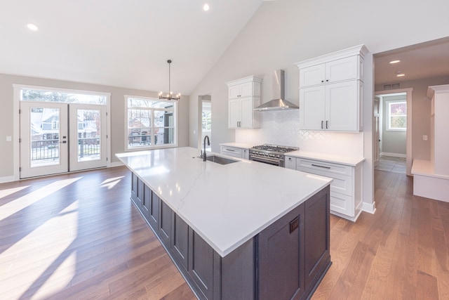 5535 W Huron River Dr, Dexter, MI 48130 - kitchen featuring wall chimney exhaust hood, a sink, stainless steel stove, white cabinetry, and light wood-type flooring