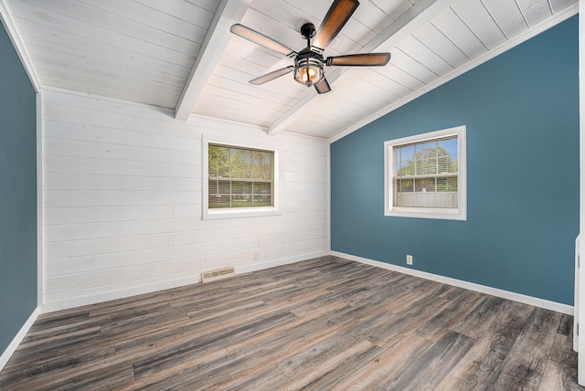 unfurnished room featuring plenty of natural light, wooden ceiling, dark wood finished floors, a ceiling fan, and baseboards
