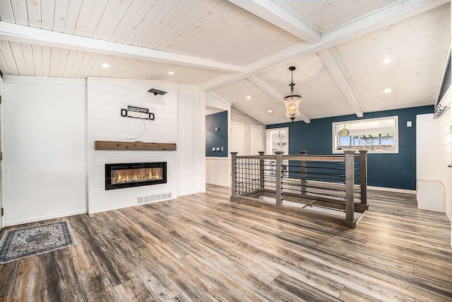 unfurnished living room featuring wood finished floors, a fireplace, wooden ceiling, baseboards, and recessed lighting