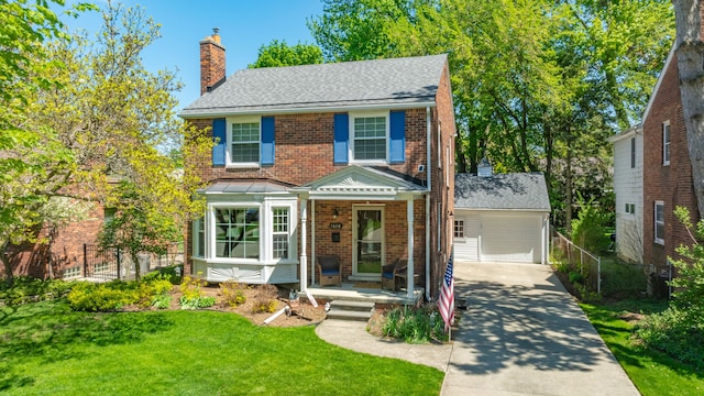 view of front of property with brick siding, a chimney, driveway, and covered porch