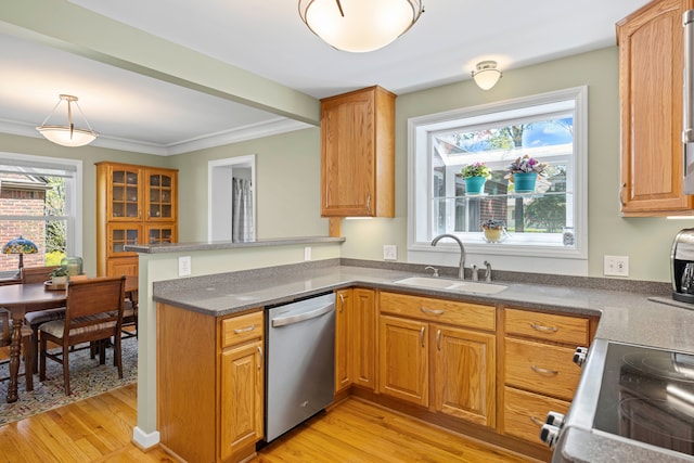 kitchen featuring stainless steel dishwasher, a sink, range with electric cooktop, a peninsula, and light wood-style floors