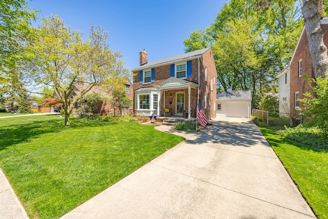 view of front of house with brick siding, a chimney, and driveway