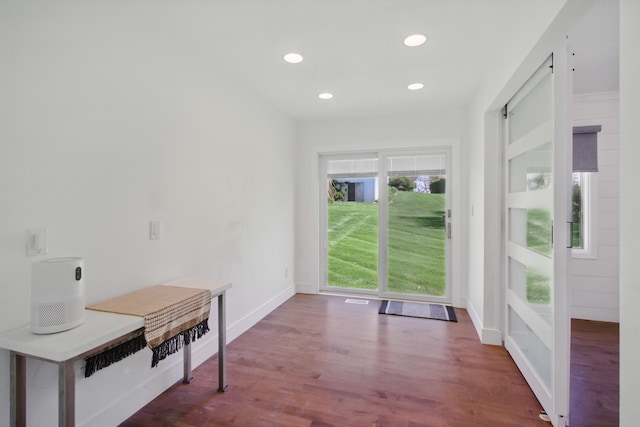 454 Woodland Dr, Saline, MI 48176 - doorway with wood finished floors, recessed lighting, and baseboards