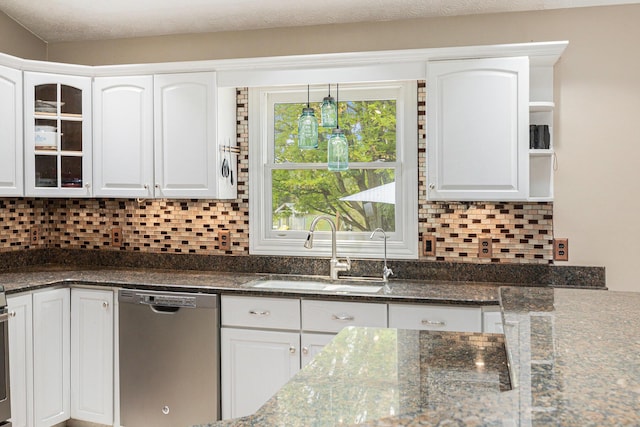 2269 W Liberty Rd, Clarklake, MI 49234 - kitchen featuring dishwasher, a sink, white cabinets, and dark stone countertops