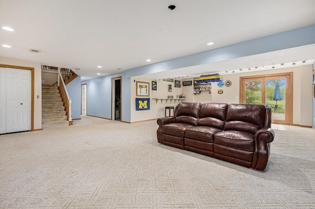 2269 W Liberty Rd, Clarklake, MI 49234 - living room featuring stairs, recessed lighting, carpet floors, and baseboards