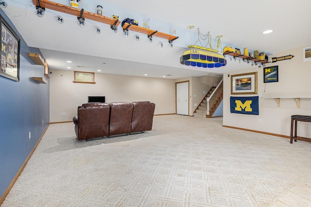 2269 W Liberty Rd, Clarklake, MI 49234 - living area featuring carpet flooring, stairs, baseboards, and recessed lighting