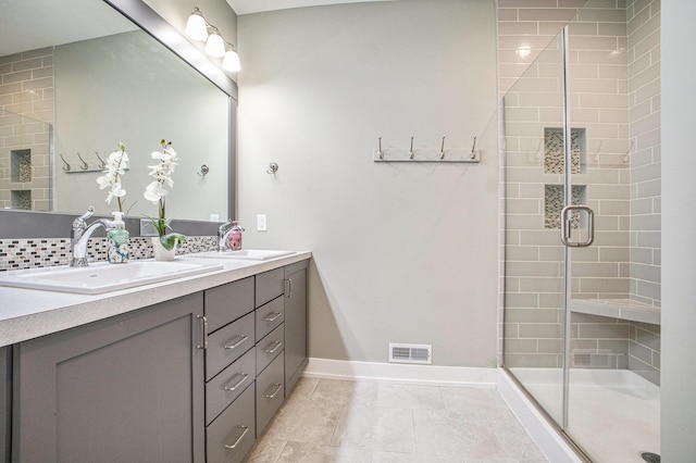6927 Drumlin Dr, Zeeland, MI 49464 - full bathroom with a shower stall, double vanity, baseboards, and tile patterned floors