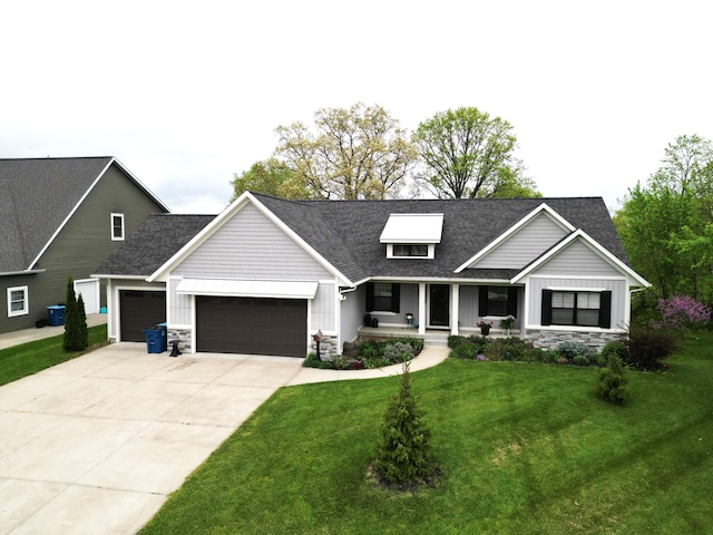 6927 Drumlin Dr, Zeeland, MI 49464 - craftsman-style house with board and batten siding, an attached garage, covered porch, and stone siding