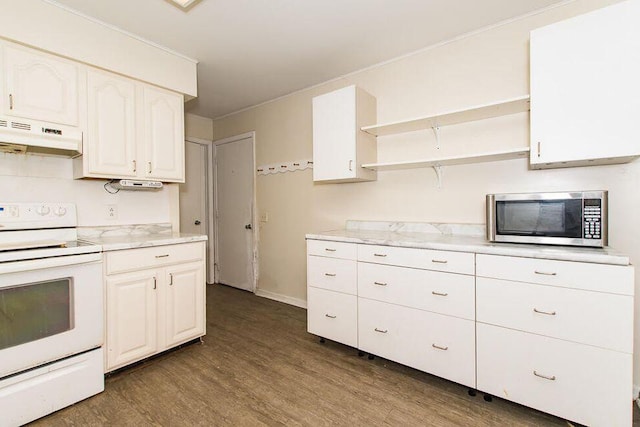 kitchen featuring white electric range oven, stainless steel microwave, under cabinet range hood, open shelves, and dark wood-style flooring