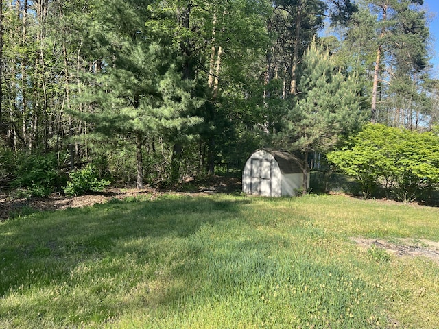 view of grassy yard with a storage shed and an outdoor structure