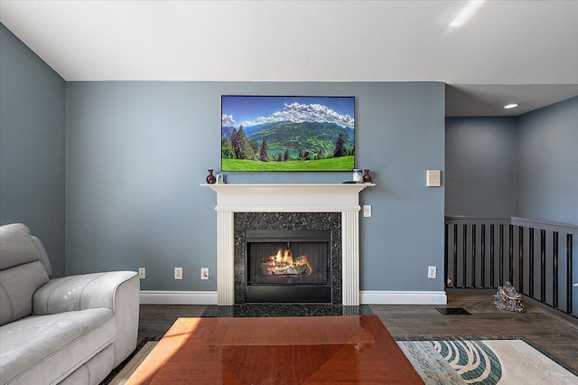 living area with wood finished floors, baseboards, and a premium fireplace