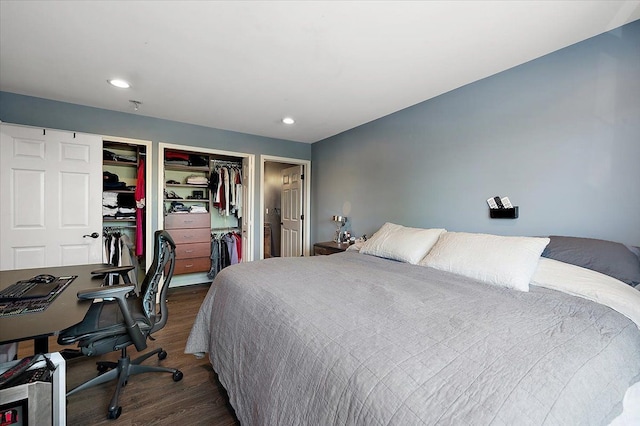 bedroom featuring dark wood finished floors, recessed lighting, and a desk