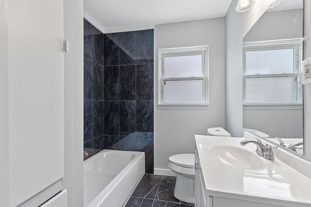full bath featuring toilet, marble look tile flooring, vanity, baseboards, and  shower combination