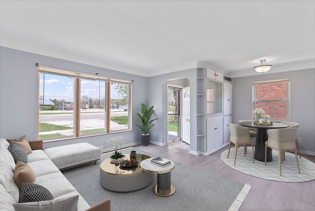 living room with baseboards and wood finished floors