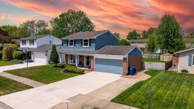 42438 Somerset Ct, Canton, MI 48187 - traditional-style home with brick siding, driveway, covered porch, a shingled roof, and a storage shed