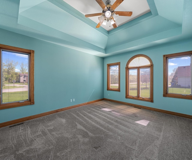 carpeted spare room featuring a tray ceiling, baseboards, and plenty of natural light
