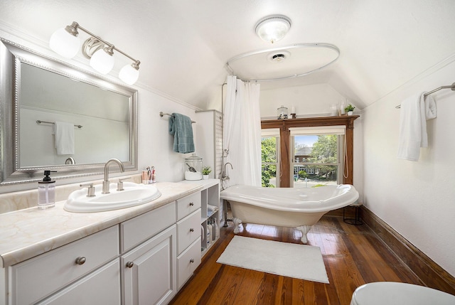 210 E St, Three Rivers, MI 49093 - bathroom featuring lofted ceiling, vanity, hardwood / wood-style floors, and a freestanding tub